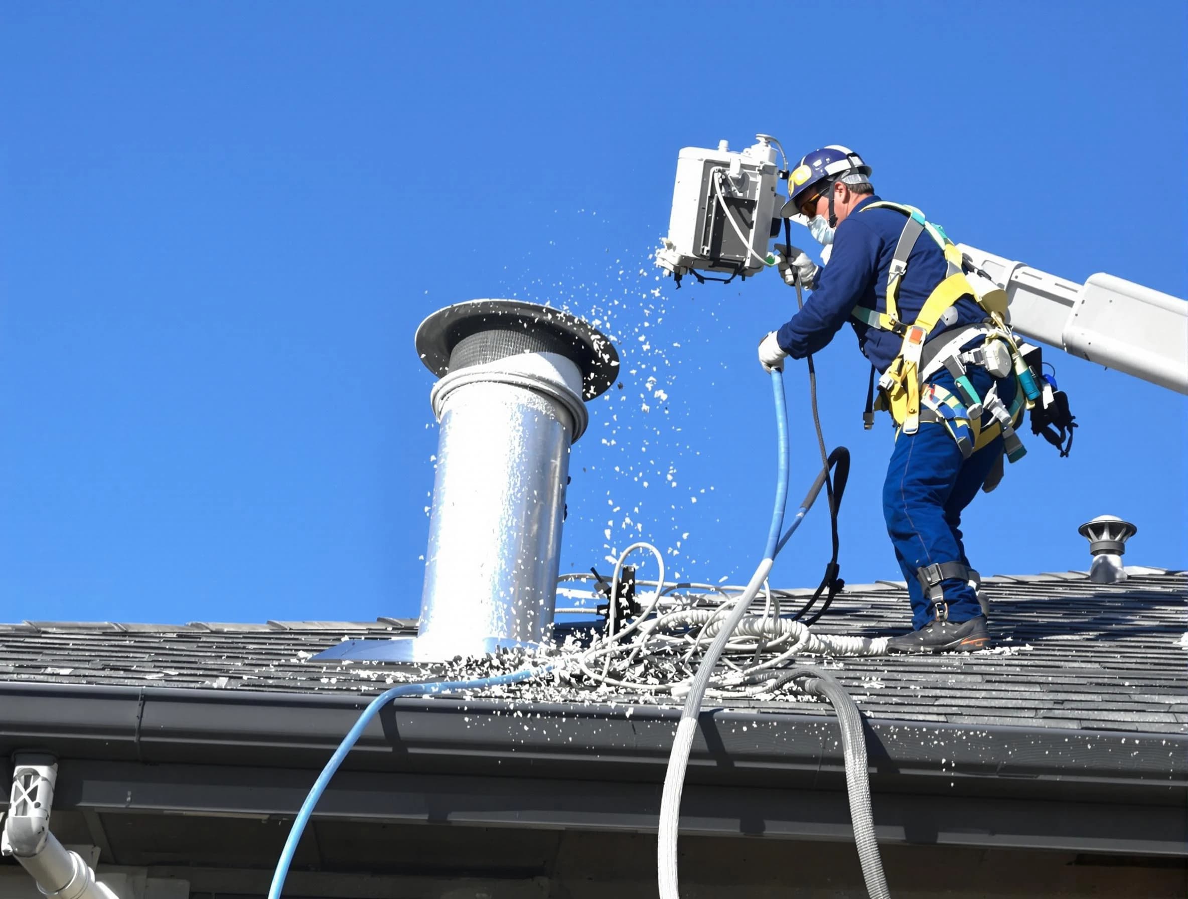Woburn Dryer Vent Cleaning certified technician safely cleaning a roof-mounted dryer vent in Woburn