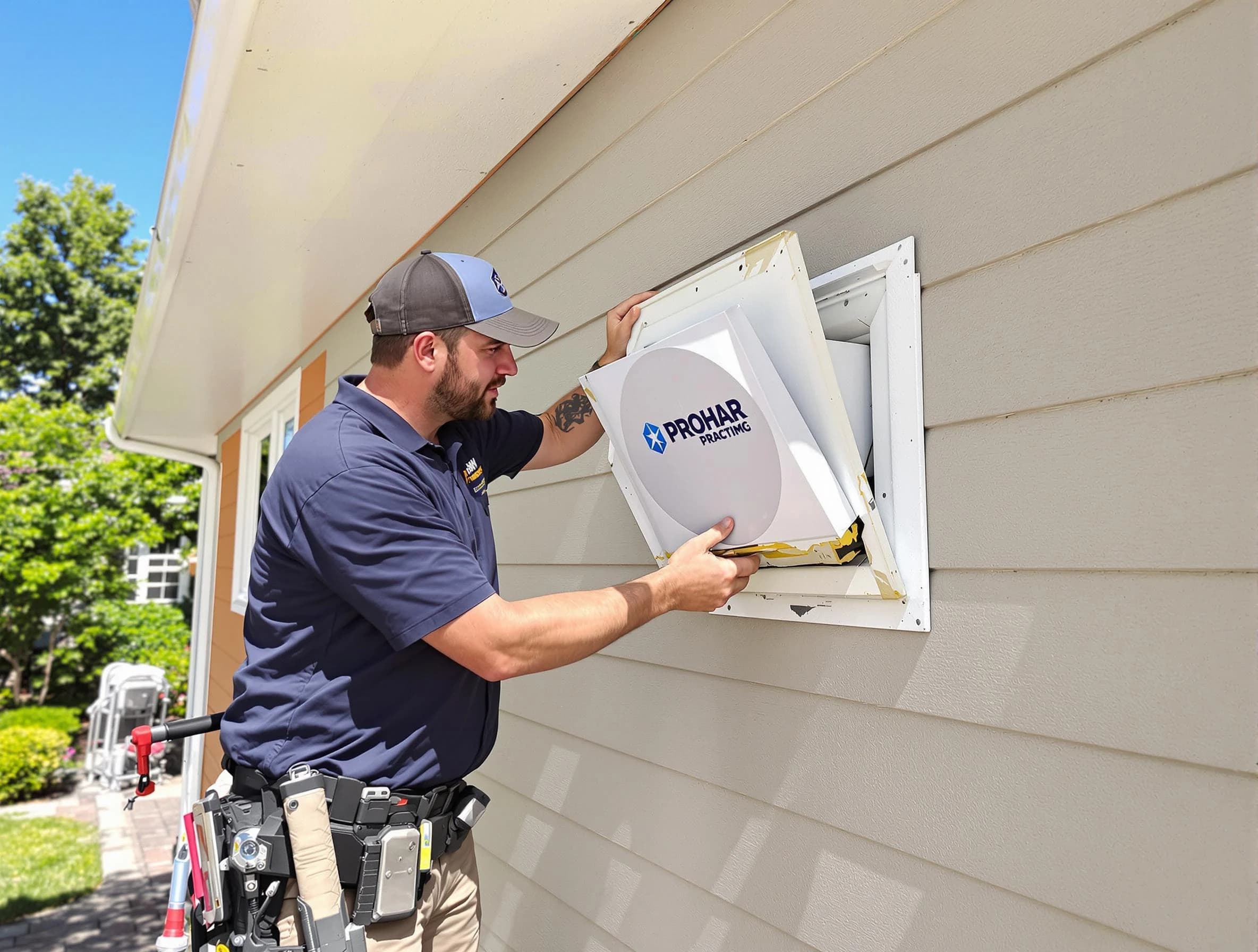 Woburn Dryer Vent Cleaning technician installing a new protective dryer vent cover on a home in Woburn