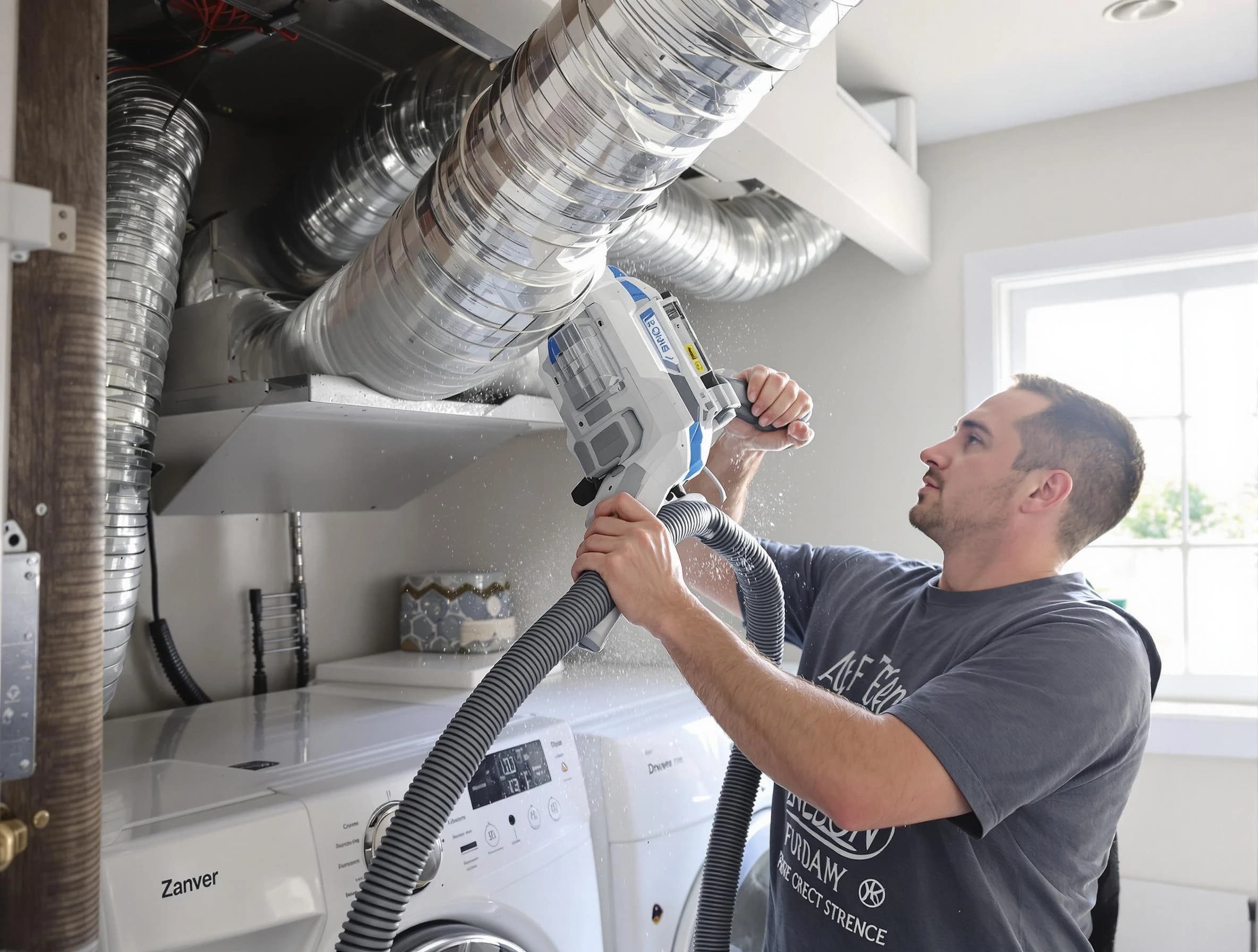 Woburn Dryer Vent Cleaning specialist cleaning deep within a dryer vent duct system in Woburn