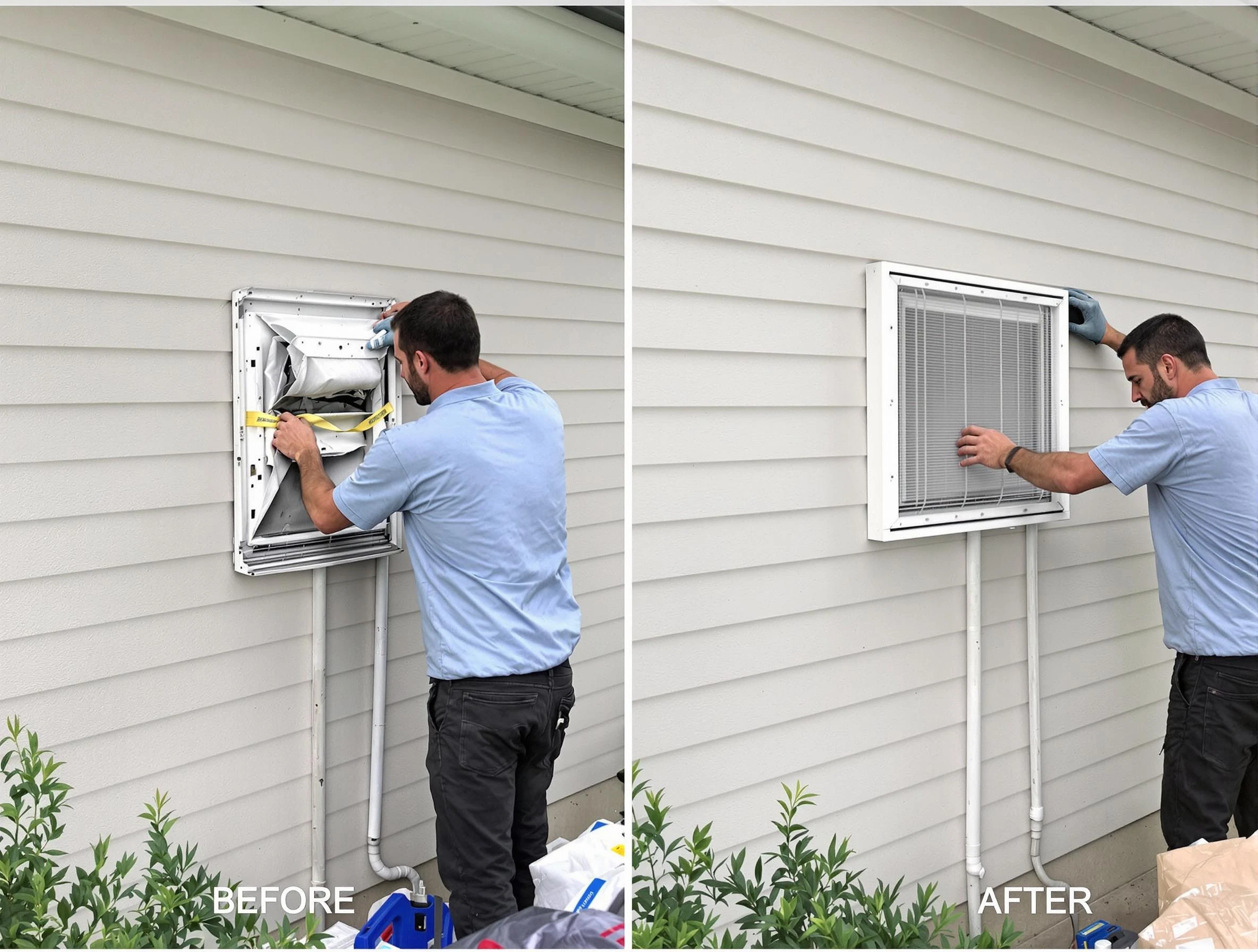 Woburn Dryer Vent Cleaning technician installing high-quality dryer vent cover at a residential property in Woburn