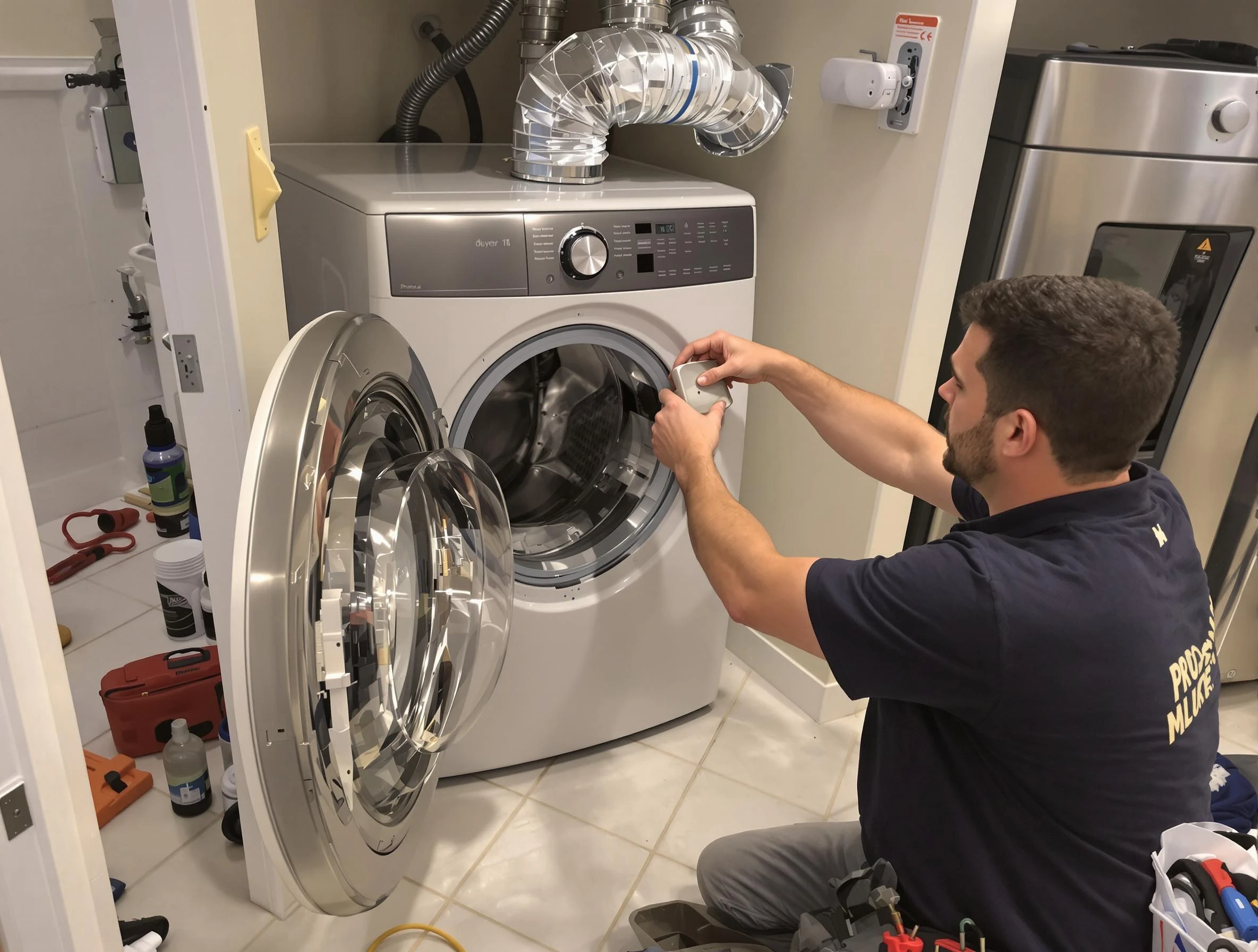 Woburn Dryer Vent Cleaning technician performing precise dryer vent hose installation in Woburn